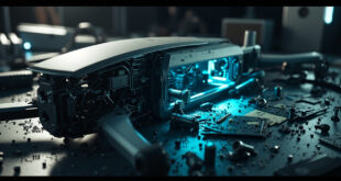 Disassembled drone components and high-tech camera equipment scattered on industrial workbench