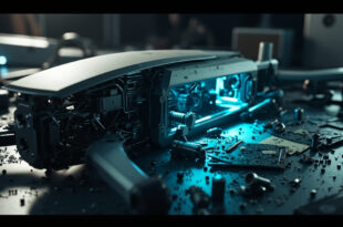 Disassembled drone components and high-tech camera equipment scattered on industrial workbench