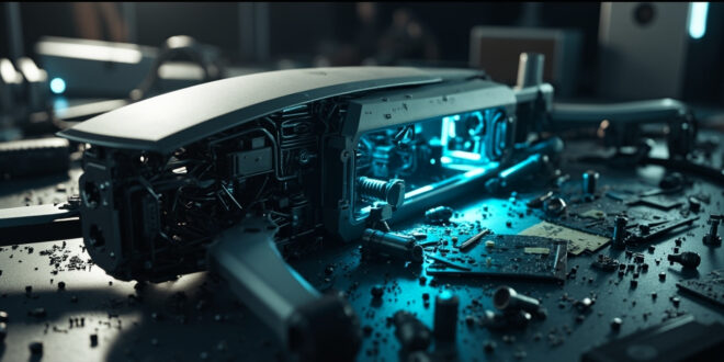 Disassembled drone components and high-tech camera equipment scattered on industrial workbench