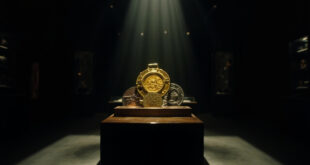 Golden Olympic medals displayed on dark auction podium under dramatic lighting in empty auction house