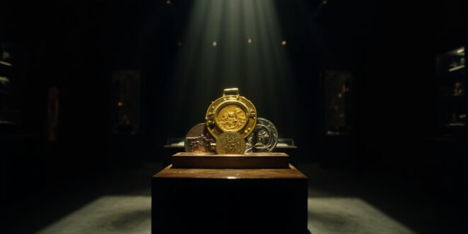 Golden Olympic medals displayed on dark auction podium under dramatic lighting in empty auction house