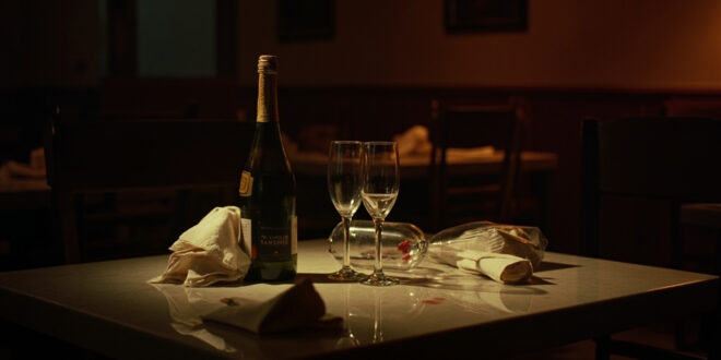 Empty wine glasses and champagne bottles on restaurant table with dim lighting and scattered napkins