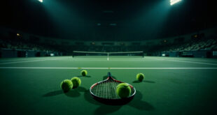 Tennis racquet and balls scattered on empty professional court under stadium lights at dusk
