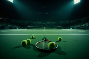 Tennis racquet and balls scattered on empty professional court under stadium lights at dusk