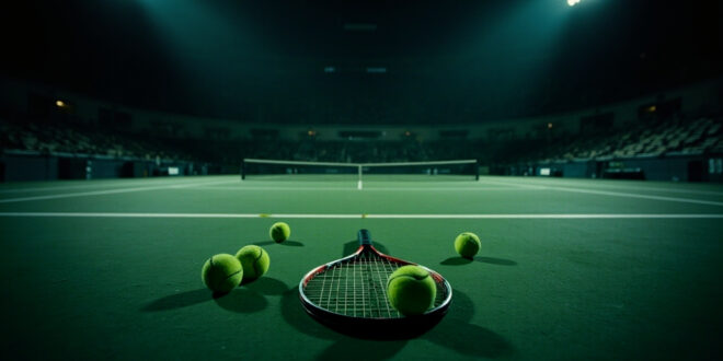 Tennis racquet and balls scattered on empty professional court under stadium lights at dusk