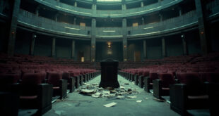 Empty parliamentary chamber with burgundy seats surrounding an ornate podium with scattered documents, dramatically lit in burgundy and gray tones