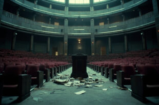 Empty parliamentary chamber with burgundy seats surrounding an ornate podium with scattered documents, dramatically lit in burgundy and gray tones