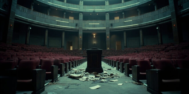 Empty parliamentary chamber with burgundy seats surrounding an ornate podium with scattered documents, dramatically lit in burgundy and gray tones