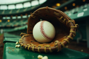 Close-up of brown leather baseball glove holding white baseball in stadium bleachers with scattered debris