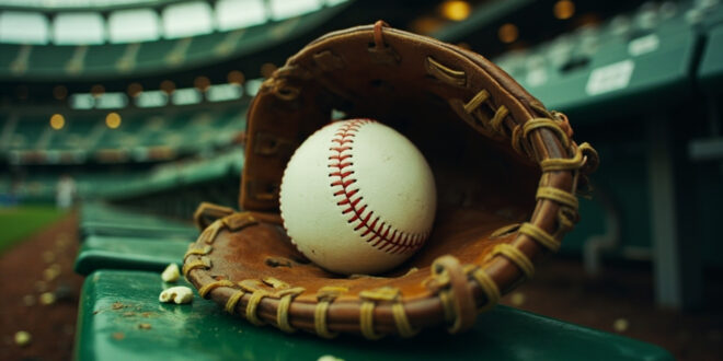 Close-up of brown leather baseball glove holding white baseball in stadium bleachers with scattered debris