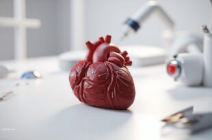 Anatomical heart model with surgical markings on sterile white medical surface surrounded by surgical instruments