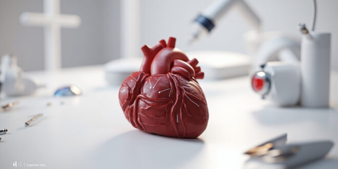 Anatomical heart model with surgical markings on sterile white medical surface surrounded by surgical instruments