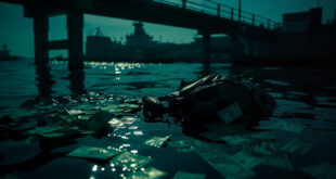 Cash bills floating in dark harbor water near an empty cruise ship dock with partially submerged waterproof backpack