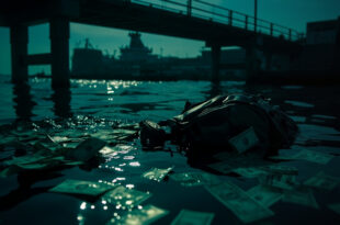 Cash bills floating in dark harbor water near an empty cruise ship dock with partially submerged waterproof backpack