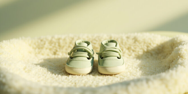 Two identical pairs of tiny baby shoes arranged on a soft cream blanket in warm lighting.