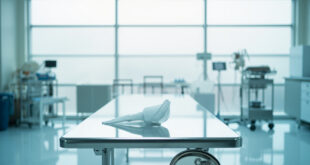 Medical cone collar and surgical instruments on veterinary examination table in clean clinical setting
