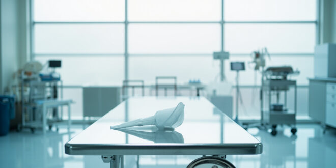 Medical cone collar and surgical instruments on veterinary examination table in clean clinical setting
