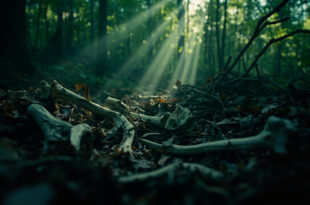 Weathered bone fragments partially hidden among fallen leaves and tree roots in dense forest undergrowth