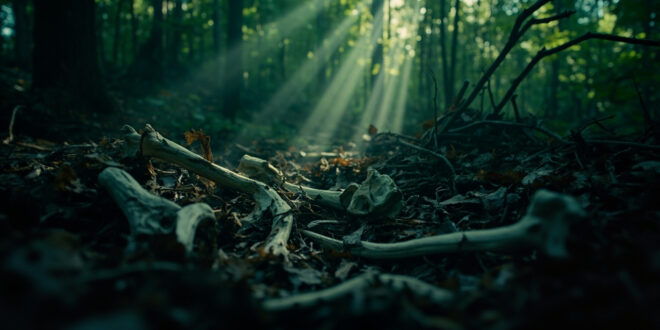 Weathered bone fragments partially hidden among fallen leaves and tree roots in dense forest undergrowth