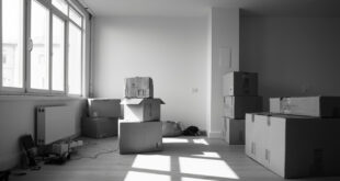 Moving boxes and personal belongings scattered in modern apartment living room with natural lighting