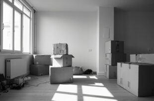 Moving boxes and personal belongings scattered in modern apartment living room with natural lighting