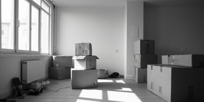 Moving boxes and personal belongings scattered in modern apartment living room with natural lighting
