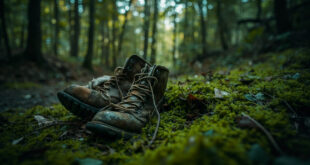 Weathered hiking boot and camping equipment partially buried under moss and fallen leaves in dense forest undergrowth