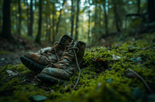 Weathered hiking boot and camping equipment partially buried under moss and fallen leaves in dense forest undergrowth