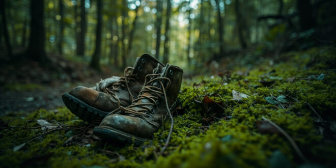 Weathered hiking boot and camping equipment partially buried under moss and fallen leaves in dense forest undergrowth
