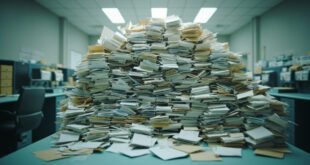 Stacks of official documents and folders piled high on government office desks with filing cabinets in background