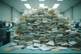 Stacks of official documents and folders piled high on government office desks with filing cabinets in background