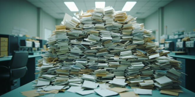 Stacks of official documents and folders piled high on government office desks with filing cabinets in background