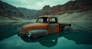 Rusted truck partially submerged in dark lake water surrounded by desert canyon landscape