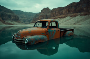 Rusted truck partially submerged in dark lake water surrounded by desert canyon landscape