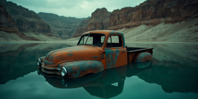Rusted truck partially submerged in dark lake water surrounded by desert canyon landscape