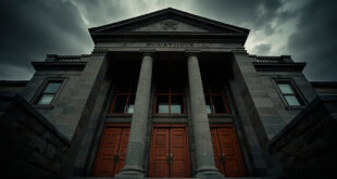 Imposing courthouse doors cast in dramatic shadows with stone columns flanking the entrance