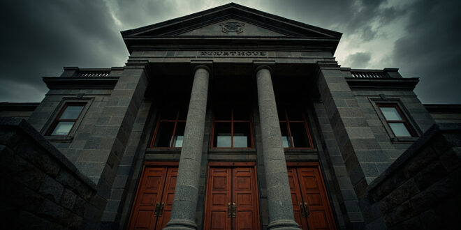 Imposing courthouse doors cast in dramatic shadows with stone columns flanking the entrance