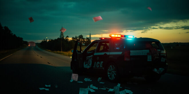 Police car with flashing blue lights parked on empty highway shoulder at twilight with warning ticket on asphalt