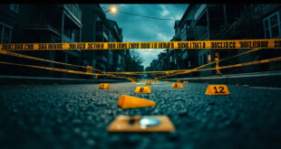 Police evidence tape and markers cordoning off residential street area with emergency vehicle lights