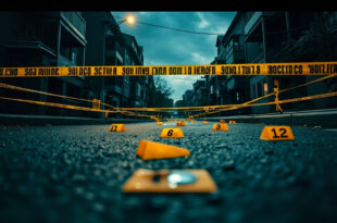 Police evidence tape and markers cordoning off residential street area with emergency vehicle lights
