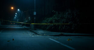 Police evidence markers and yellow tape cordoning off bushes along a dimly lit residential street