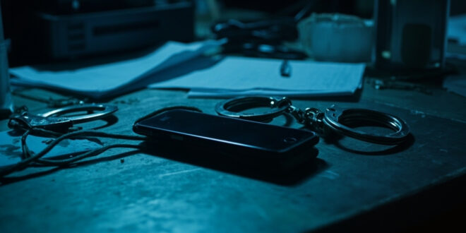 Smartphone and handcuffs on police evidence table with case files and forensic equipment in background