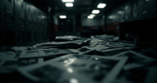Open case folder with scattered photographs and documents on metal desk in government office