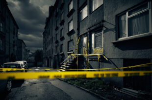 Yellow police tape blocks entrance to gray apartment building with emergency vehicles visible in foreground