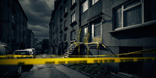 Yellow police tape blocks entrance to gray apartment building with emergency vehicles visible in foreground