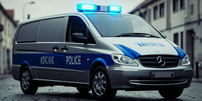 Silver Mercedes van with blue LED light bar on roof being loaded onto tow truck by authorities