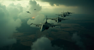 Military aircraft flying in formation over Polish countryside with dramatic storm clouds in background