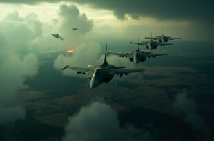 Military aircraft flying in formation over Polish countryside with dramatic storm clouds in background