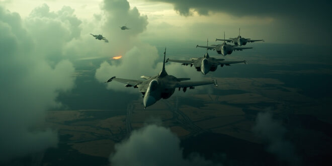 Military aircraft flying in formation over Polish countryside with dramatic storm clouds in background