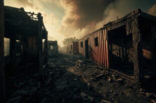 Burned residential container with broken windows and fire damage marks.